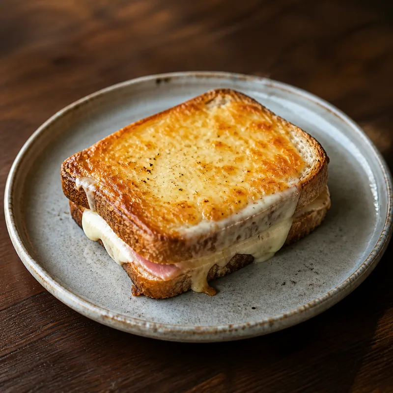 焼き色のついたチーズとハムのトーストを陶器の皿に盛り付けた一皿